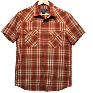 Pendleton Frontier Plaid Western Shirt Pearl Snap Men M‎ Orange Tan Short Sleeve